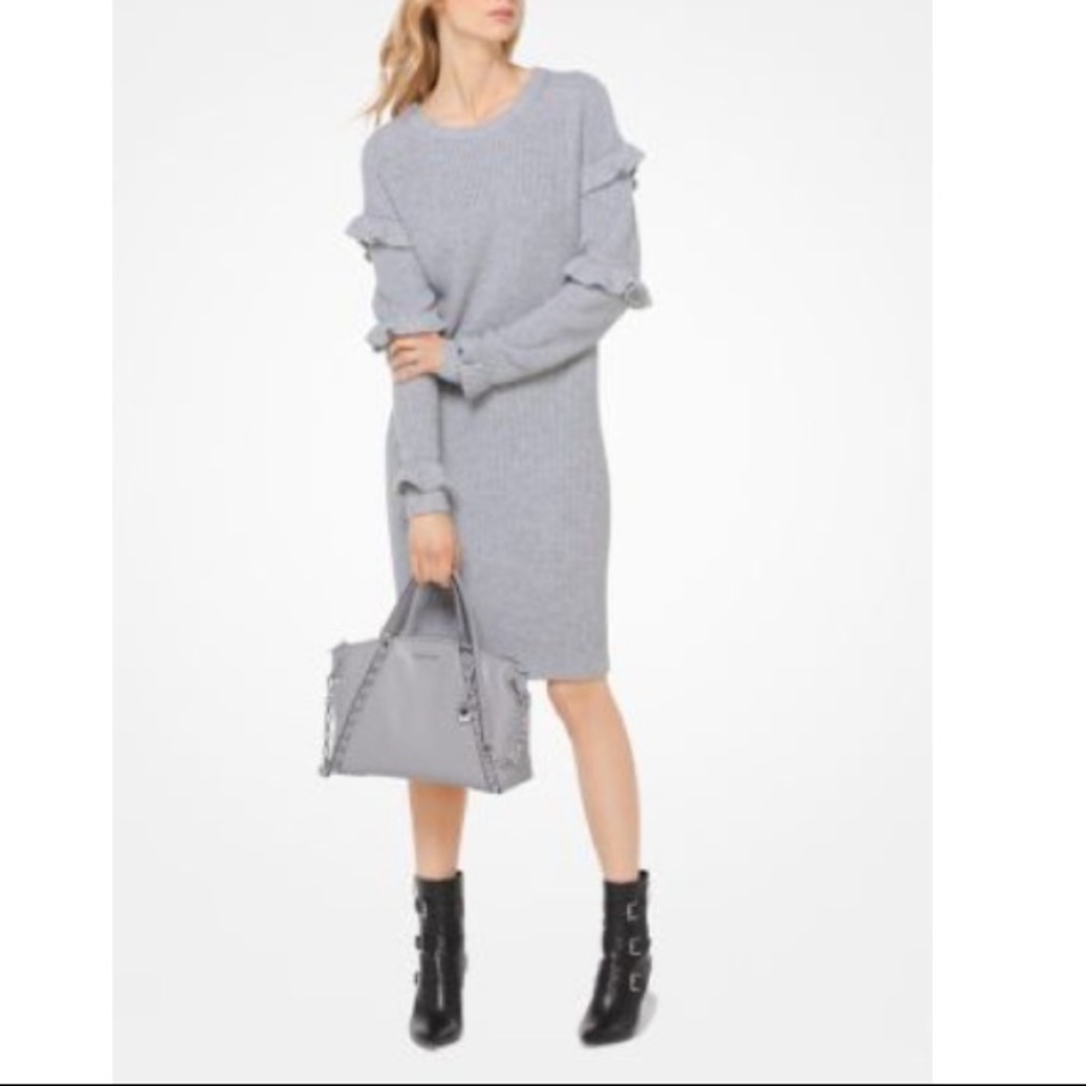 Michael Kors Ruffled Ribbed Sweater Dress Gray XXS